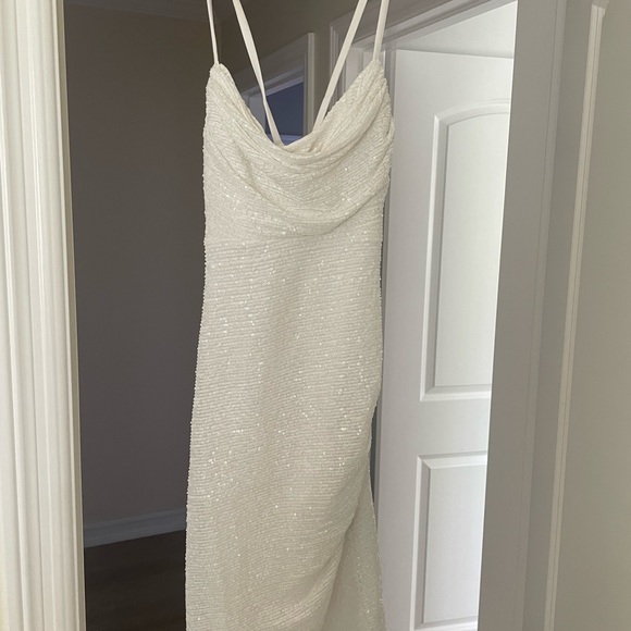 Short All Over Sequin Soft Draped Cowl W Spaghetti Strap X Back - Picture 2 of 8